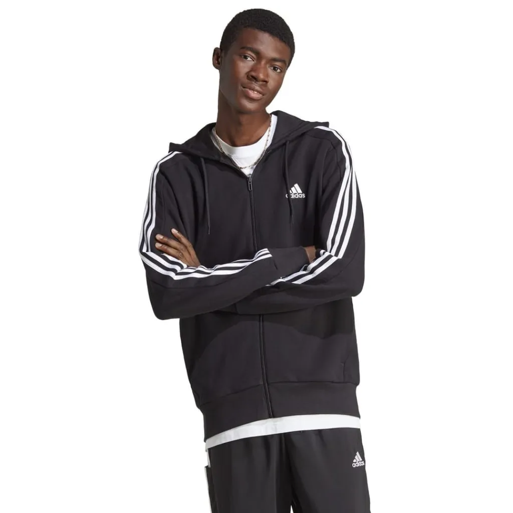 Tracksuits*adidas Mens Essentials French Terry 3 Stripes Zip Hoodie in Black
