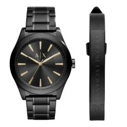 Jewellery-Watches*Armani Exchange Exchange Three Hand Black Stainless Steel Watch And Bracelet Gift Set Ax7102 in Black
