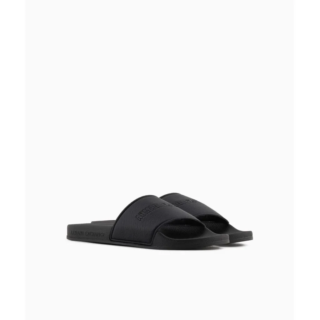 Beach Shoes*Armani Exchange Exchange Textured Open Toe Flat Slides in Black