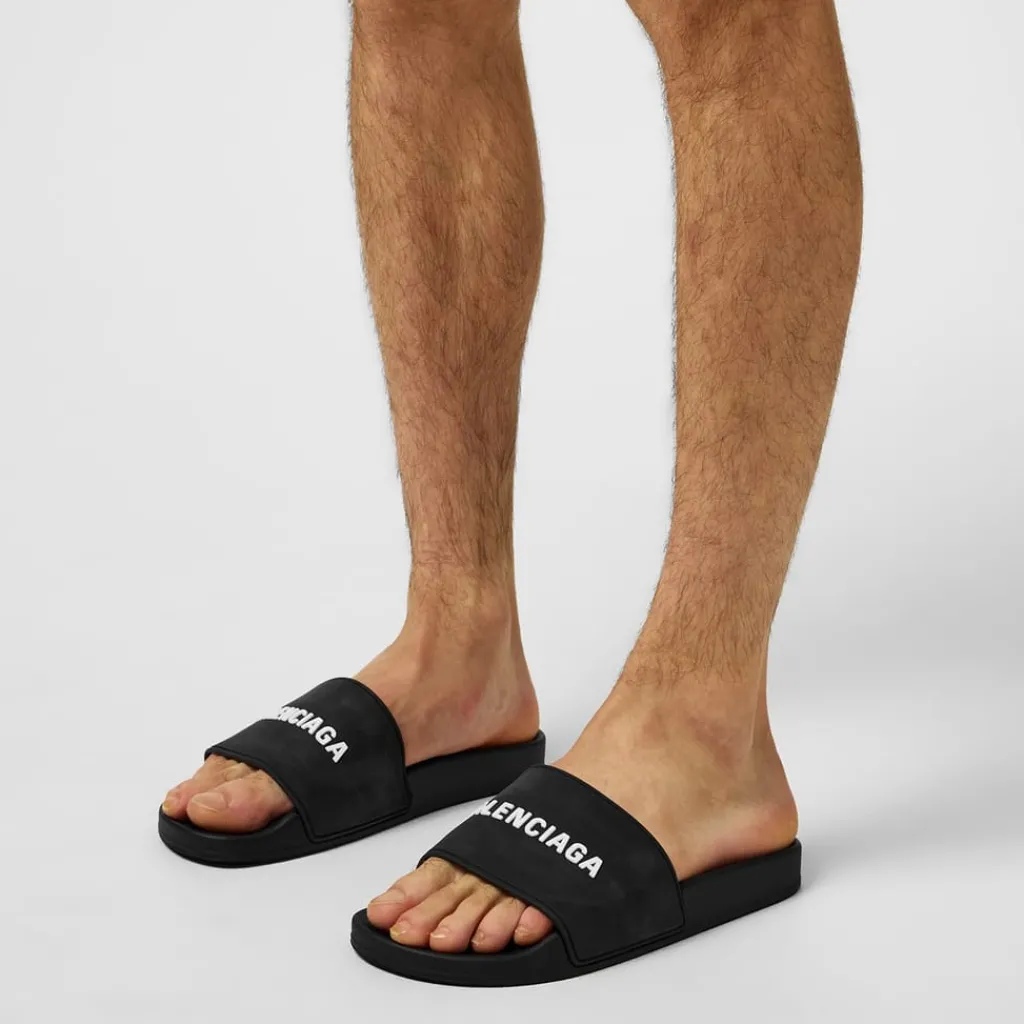 Beach Shoes*Balenciaga Logo Sliders in Black