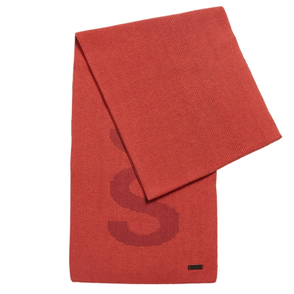 Gloves-Scarves-Umbrellas*Boss Mens Cotton-Blend Scarf with Logo Structure in Red
