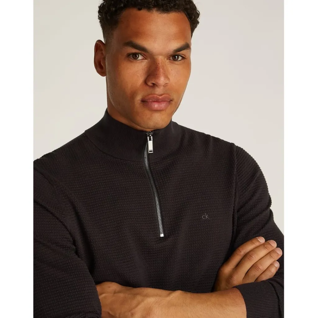 Knitwear*Calvin Klein Zip Neck Slim Fit Sweater in Black