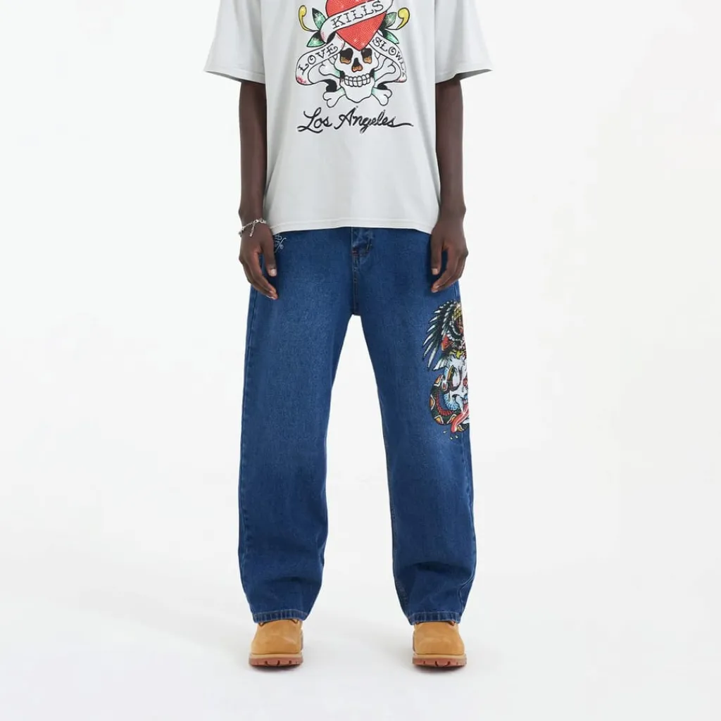 Jeans*Ed Hardy Skull Wide Leg Wide Fit Jeans in Multi