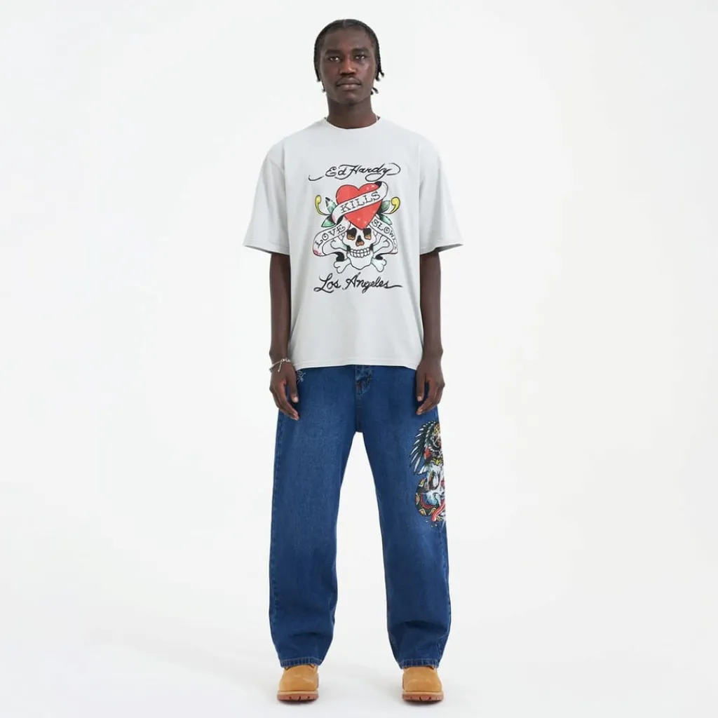 Jeans*Ed Hardy Skull Wide Leg Wide Fit Jeans in Multi