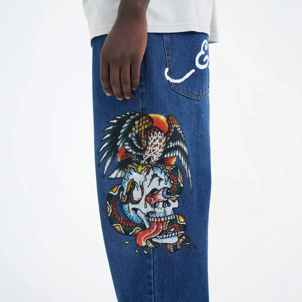 Jeans*Ed Hardy Skull Wide Leg Wide Fit Jeans in Multi