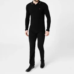 Polo Shirts*Emporio Armani EA7 Long Sleeved Tipped Polo Shirt in Black