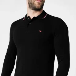Polo Shirts*Emporio Armani EA7 Long Sleeved Tipped Polo Shirt in Black