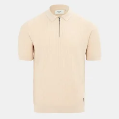 Polo Shirts*Firetrap Quarter Zip Short Sleeve Ribbed Knit Polo in Beige