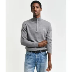 Knitwear*Gant Cotton Half Zip Sweater in Grey