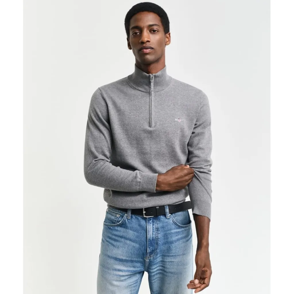 Knitwear*Gant Cotton Half Zip Sweater in Grey
