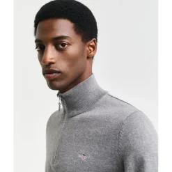 Knitwear*Gant Cotton Half Zip Sweater in Grey
