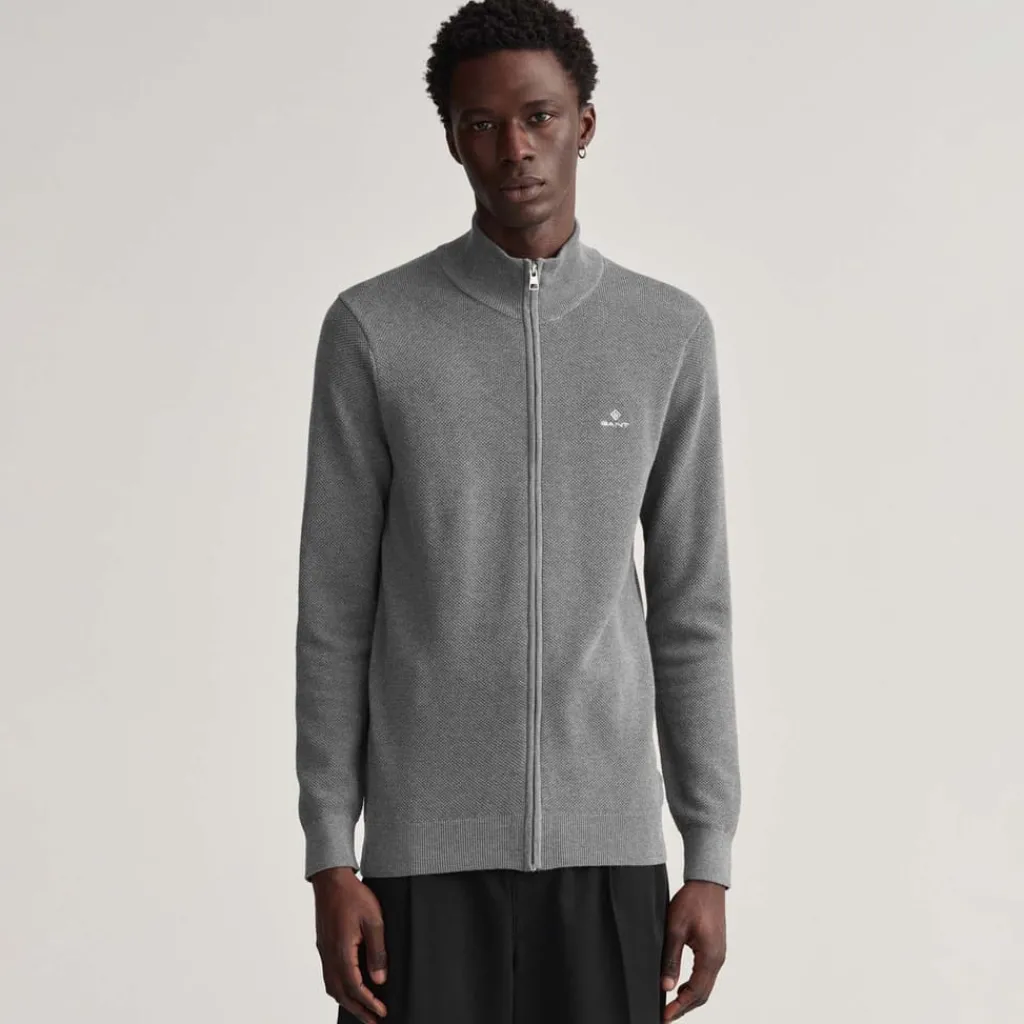 Knitwear*Gant Cotton Piqué Zipped Cardigan in Grey