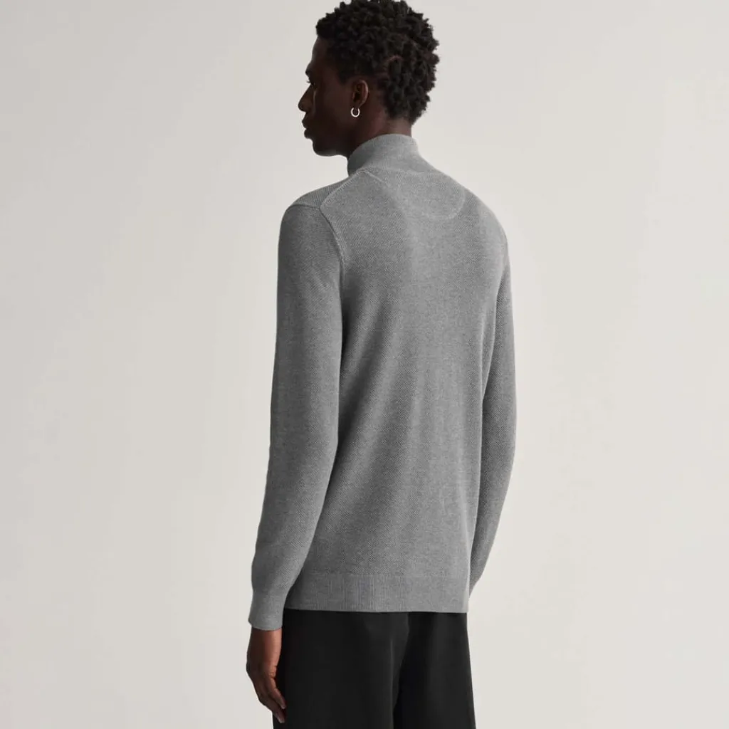 Knitwear*Gant Cotton Piqué Zipped Cardigan in Grey