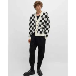 Knitwear*Hugo Skeeches Checked Pattern Cardigan in Natural