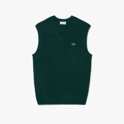 Knitwear*Lacoste Carded Wool V-Neck Sweater Vest in Green