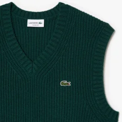 Knitwear*Lacoste Carded Wool V-Neck Sweater Vest in Green