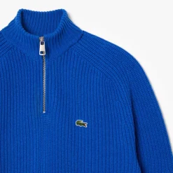 Knitwear*Lacoste Zipped High Neck Carded Wool Sweater in Blue
