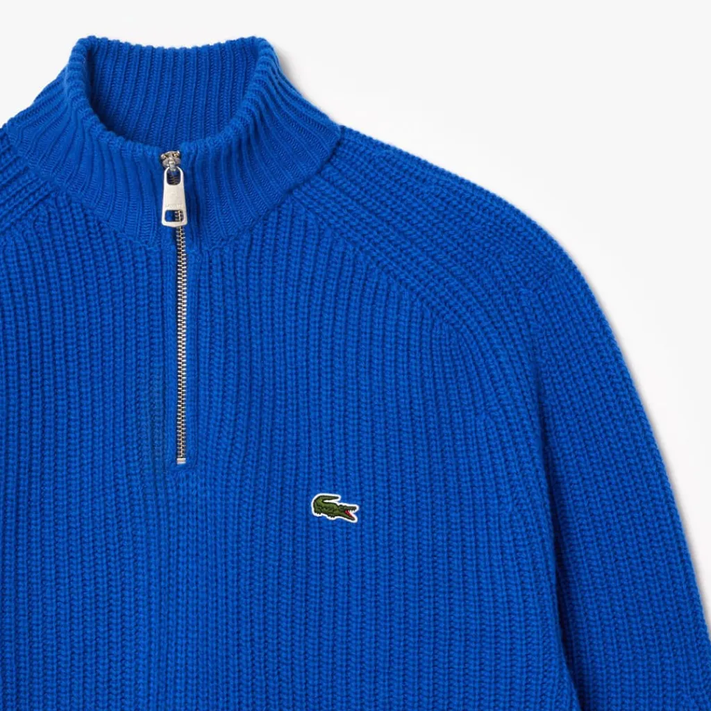 Knitwear*Lacoste Zipped High Neck Carded Wool Sweater in Blue