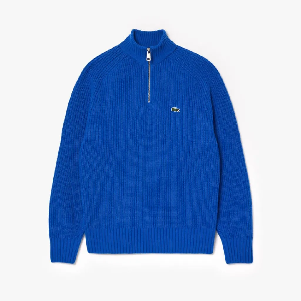 Knitwear*Lacoste Zipped High Neck Carded Wool Sweater in Blue