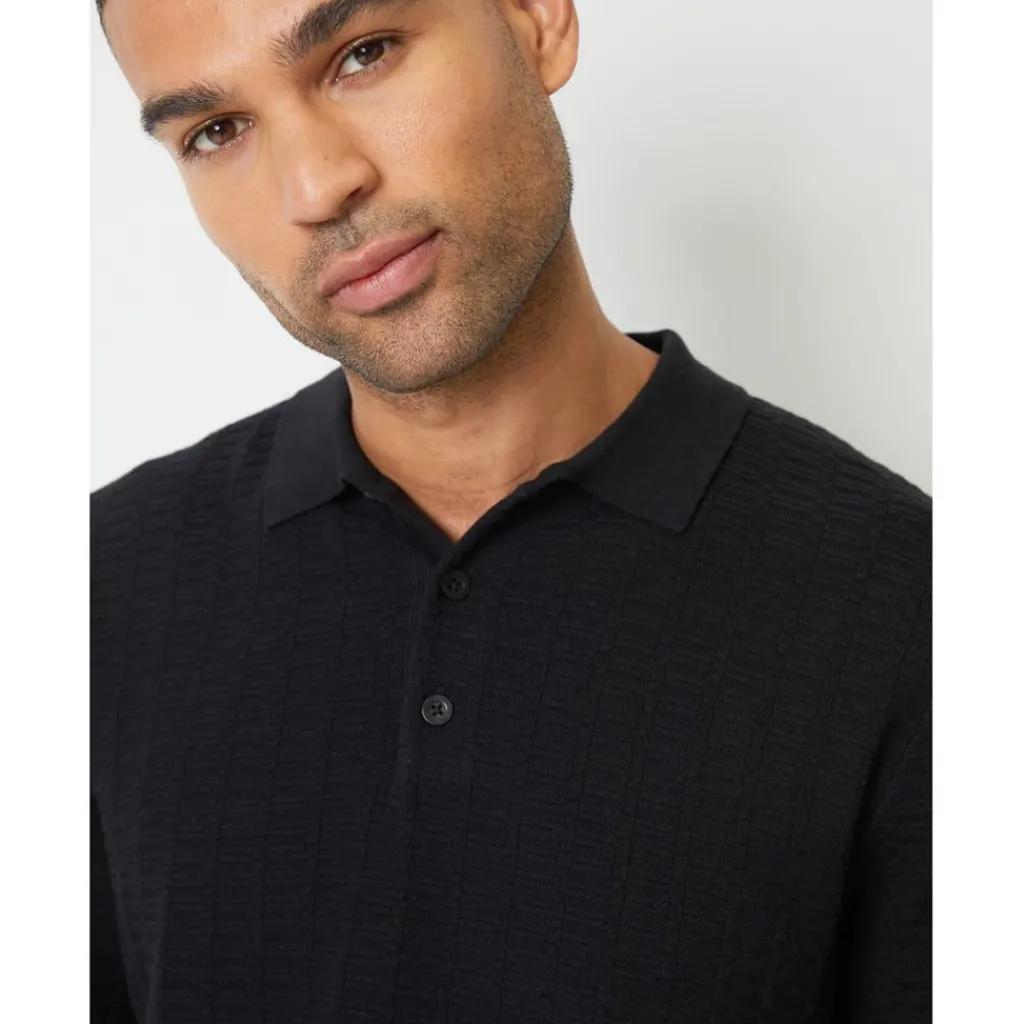 Knitwear*Threadbare Long Sleeve Regular Fit Polo Shirt in Black