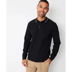 Knitwear*Threadbare Long Sleeve Regular Fit Polo Shirt in Black