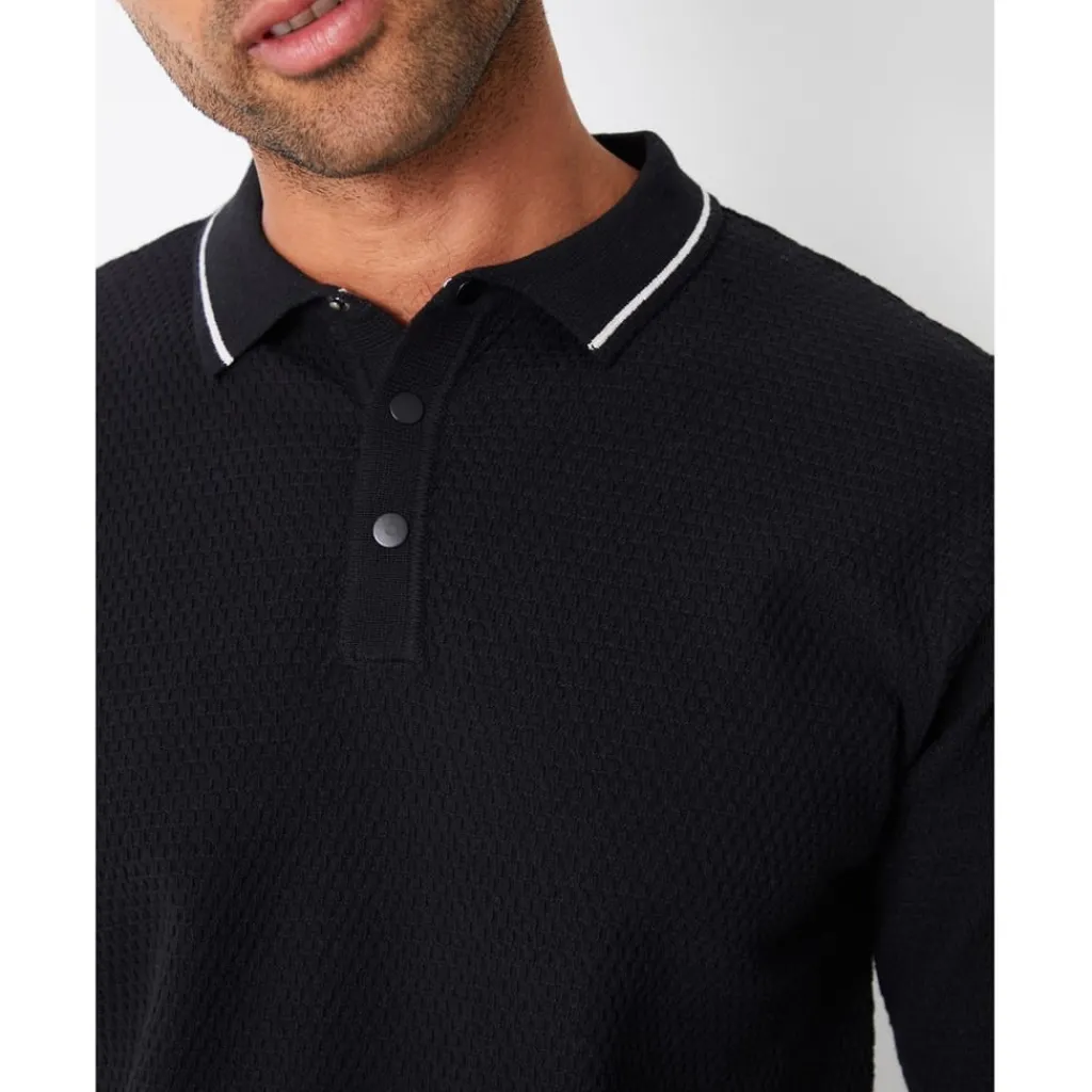 Knitwear*Threadbare Long Sleeve Regular Fit Polo Shirt in Black